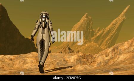 Il viaggiatore spaziale esplora un nuovo pianeta desertico - rendering 3d Foto Stock