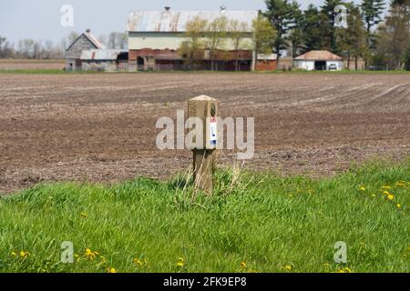 Cartello originale della Lincoln Highway con terreno agricolo aperto sullo sfondo. Franklin Grove, Illinois, Stati Uniti Foto Stock