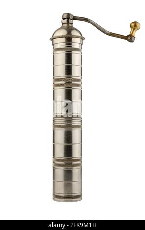 Metal manual coffee grinder. Kitchen appliance for chopping food. Spices, grains, herb seeds. Old vintage steel coffee grinder. Foto Stock