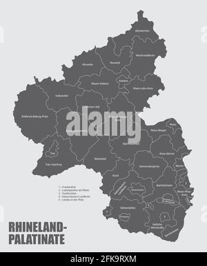 Lo stato Renania-Palatinato, mappa isolata divisa in distretti con etichette, Germania Illustrazione Vettoriale