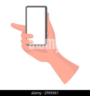 Smartphone portatile con schermo vuoto con spazio per testo o etichetta vettoriale immagine piatta isolato su sfondo bianco. Telefono nel braccio umano. La mano destra tiene il telefono cellulare con schermo vuoto. Illustrazione Vettoriale