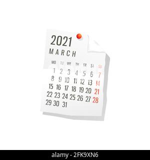 Calendario 2021 sul white paper, marzo. Vettore modificabile su sfondo bianco Illustrazione Vettoriale