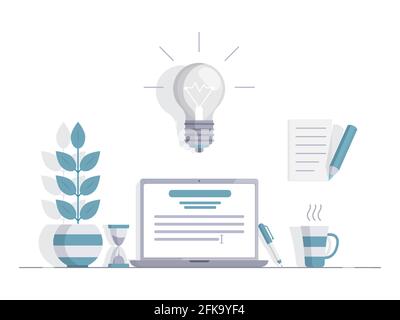 Lavorare su un'illustrazione piatta vettoriale del laptop isolata su sfondo bianco. Lampadina che brucia, documenti con note, tazza di caffè e piante domestiche. Concetto di lavoro remoto o di applicazione aziendale. Illustrazione Vettoriale