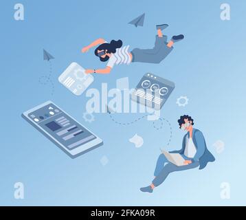 Uomo e donna in occhiali virtuali che lavorano e navigano su internet, toccando interfaccia e impostazioni vettoriale flat illustration. Concetto di tecnologie moderne. Persone che trascorrono tempo nella realtà virtuale. Illustrazione Vettoriale