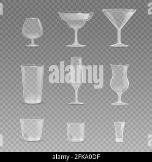 Set di bicchieri per diverse bevande vettoriali illustrazione realistica isolato su sfondo trasparente. Tazze vuote, calici, bicchieri da vino e snifters per birra, vino, cognac e altre bevande alcoliche. Illustrazione Vettoriale