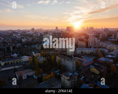 Evening autumn Voronezh cityscape at sunset, aerial view. Foto Stock