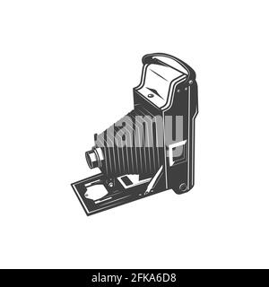 Fotocamera pieghevole, dispositivo isolato di scatto fotografico, icona monocromatica. Vector pld fotocamera, attrezzatura per la fotografia. Fotocamera vintage aperta, pho Illustrazione Vettoriale