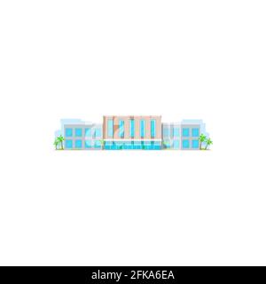 Edificio scolastico, istruzione o architettura universitaria, casa universitaria, vettore. Scuola elementare o primaria edificio moderno esterno, pub isolato Illustrazione Vettoriale