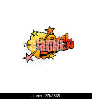 Halftone adesivi edizione speciale di fumetti, romanzo, dizionario o rivista nuvola isolata scoppiare con stelle. Adesivo mezzitoni punteggiato vettoriale, etichetta o Illustrazione Vettoriale