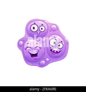 Icona vettore cellula virus Cartoon, carino batteri triplo con volti felici, divertente carattere germe, mascotte. Sorridente patogeno viola microbo emoticon, isolare Illustrazione Vettoriale