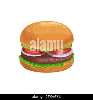 Burger, fast food icona del menu sandwich, vettore isolato Street food hamburger. Ristorante fast food e pasto bistrot, hamburger con polpettine di carne alla griglia in sesa Illustrazione Vettoriale