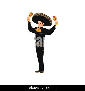 Il suonatore di Street band spagnola mariachi gioca su maracas isolato cartoon carattere. Esecutore vettoriale con strumenti musicali maracas, giocatore di mariachi in Illustrazione Vettoriale