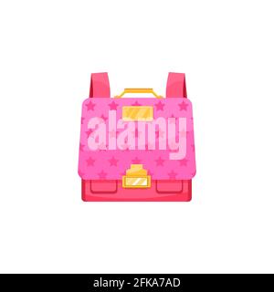 Borsa scuola bambini icona vettore isolato, carino cartone animato rosa haversack per la studentessa con stelle modello e zaino in oro clasp. Zaino per bambini o Illustrazione Vettoriale