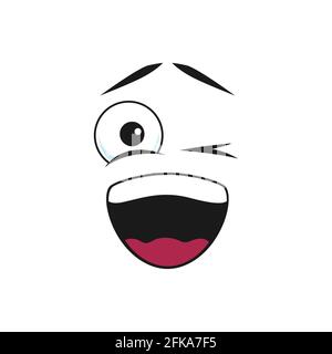 Carino cartoon winking faccia, emoji felice con sorriso toothy bocca aperta icona isolata. Emoticon vettore ok gesto che strinca occhio lampeggiante. Felice emoji cheerf Illustrazione Vettoriale