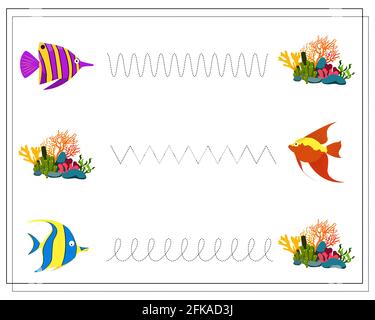 Foglio di pratica di scrittura a mano. Gioco educativo per bambini, ripristinare la linea punteggiata, pesci e coralli. Vettore isolato su uno sfondo bianco Illustrazione Vettoriale