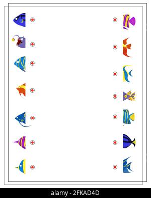 Foglio di pratica di scrittura a mano. Gioco educativo per bambini, ripristinare la linea punteggiata, pesci e coralli. Vettore isolato su uno sfondo bianco Illustrazione Vettoriale