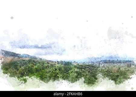Abstract albero colorato e paesaggio di campo in Thailandia con acquarello dipinto illustrazione dello sfondo. Foto Stock