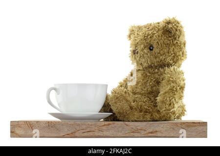 Profilo laterale di un orso carino seduto accanto al bianco tazza di caffè calda su pavimento in legno isolato su sfondo bianco Foto Stock