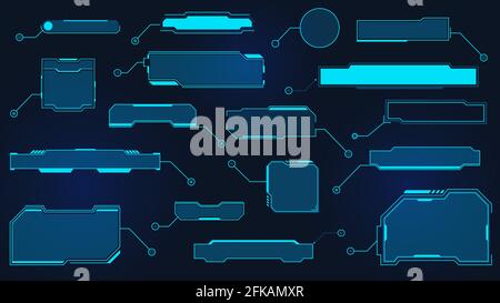 Titoli di callout futuristici. Casella di testo sci fi virtuale per HUD. Frame di dati ologrammi tecnologici. Didascalie dell'interfaccia utente Cyber. Set vettoriale elemento layout digitale Illustrazione Vettoriale