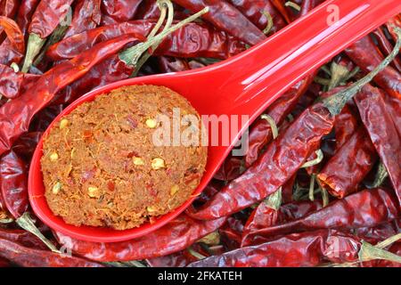 Un cucchiaio di pasta di curry thailandese per preparare curry piccanti su peperoncini secchi Foto Stock