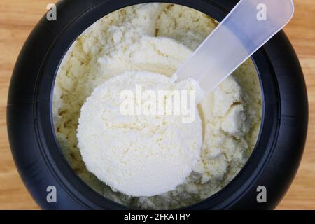 Una paletta di fine proteina di siero di latte isolato polvere pura in un contenitore Foto Stock