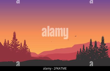 Vista realistica delle montagne con foresta dal bordo della città al tramonto. Illustrazione vettoriale di una città Illustrazione Vettoriale