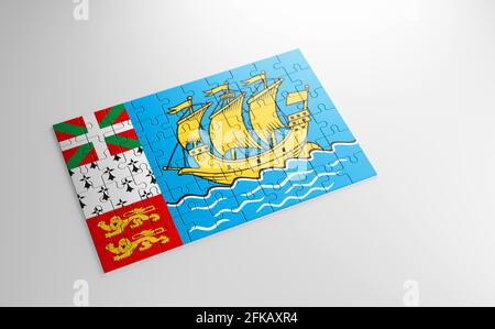 Un puzzle con una stampa della bandiera di Saint Pierre e Miquelon, pezzi del puzzle isolato su sfondo bianco. Adempimento e perfezione c Foto Stock