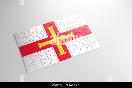 Un puzzle con una stampa della bandiera di Guernsey, pezzi del puzzle isolato su sfondo bianco. Concetto di adempimento e perfezione. Simbolo di Foto Stock