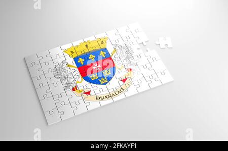 Un puzzle con una stampa della bandiera di San Barthelemy, pezzi del puzzle isolato su sfondo bianco. Concetto di adempimento e perfezione. Foto Stock