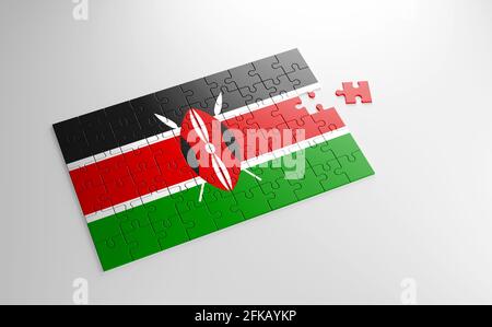 Un puzzle con una stampa della bandiera del Kenya, pezzi del puzzle isolato su sfondo bianco. Concetto di adempimento e perfezione. Simbolo Foto Stock