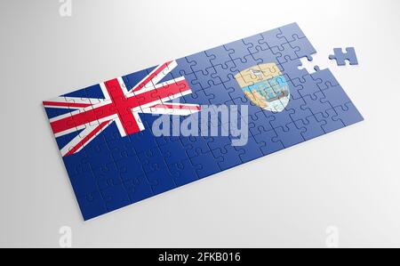 Un puzzle con una stampa della bandiera dell'Ascensione di Sant'Elena e Tristan da Cunha, pezzi del puzzle isolato su sfondo bianco. Foto Stock