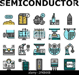 Icone dello stabilimento di produzione di semiconduttori Imposta vettore Illustrazione Vettoriale