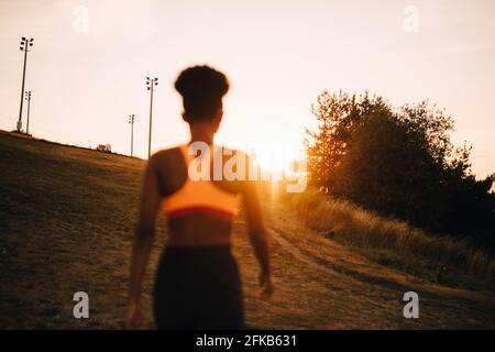 Vista posteriore atleta femminile che guarda al tramonto Foto Stock
