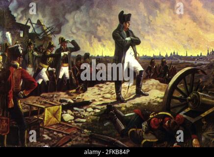 Campagna Russia: Fuoco di Mosca. Napoleone guardando il fuoco in città con i suoi soldati. 1812 Parigi, Fondazione Napoléon Foto Stock