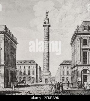 Place Vendôme, Parigi l'architettura è stata progettata nel XVII secolo dall'architetto Jules Hardouin-Mansard. La colonna fu eretta nel 1810 da Napoleone i per commemorare la battaglia di Austerlitz. In : Louis Barron, Parigi Pittoresque 1800-1900. La vie - Les Moeurs - Les Plaisirs, Parigi, Société Française d'Edizioni d'Arte L.-Henry maggio, 1899. Foto Stock