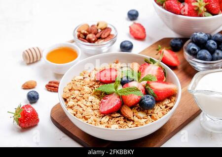 Possibilità di servire una ciotola alla granola con un mix di frutta secca, cereali, frutta e frutti di bosco, yogurt greco. Sana colazione vegetariana, fragola biologica, blueberr Foto Stock