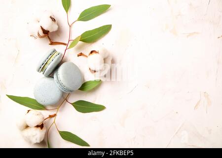 Elegante composizione di amaretti francesi eucalipto e bolo di cotone su tavola bianca in stucco testurizzata. Buon compleanno di San Valentino presente di primavera. Copia Foto Stock