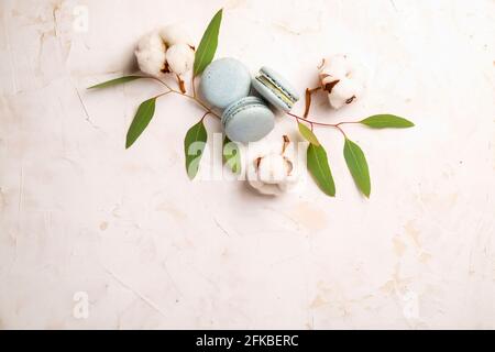 Elegante composizione di amaretti francesi eucalipto e bolo di cotone su tavola bianca in stucco testurizzata. Buon compleanno di San Valentino presente di primavera. Copia Foto Stock