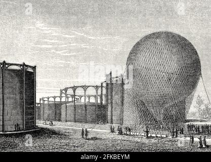 Partenza di un pallone a gas dalla centrale di la Villette, Parigi, Francia, XIX secolo Foto Stock