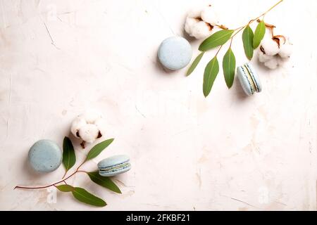 Elegante composizione di amaretti francesi eucalipto e bolo di cotone su tavola bianca in stucco testurizzata. Buon compleanno di San Valentino presente di primavera. Copia Foto Stock