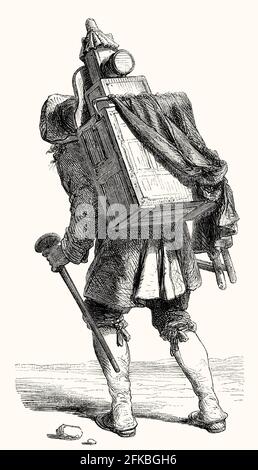 Un uomo con una lanterna magica sulla schiena, Francia, 17 ° secolo Foto Stock