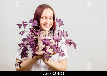 Donna sorridente che tiene grande vaso con Oxalis triangularis pianta di amore con foglie viola su sfondo grigio Foto Stock