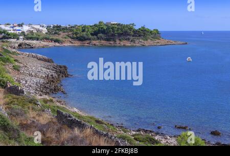 Marina San Gregorio, con i suoi fondali incontaminati, il mare azzurro e la costa rocciosa, offre una splendida vista lungo la costa di Patù nel Salento. Foto Stock