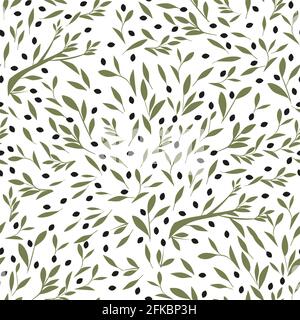 Disegno senza cuciture di rami di olive, olive e foglie, isolati su sfondo bianco Illustrazione Vettoriale