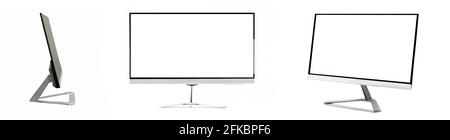 Moderni monitor vuoti per computer a schermo piatto. Set di schermi LED vuoti isolati su sfondo bianco. Scatto in studio Foto Stock