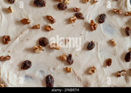 Impasti di pane di mirtilli e noci nella preparazione Foto Stock