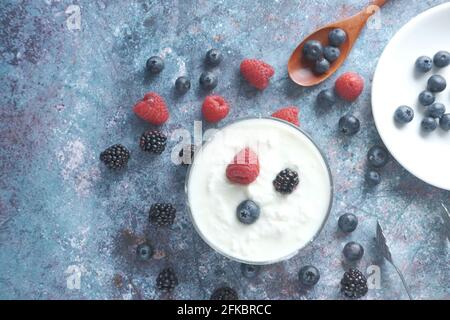 primo piano di yogurt fresco con bacca blu in un ciotola Foto Stock