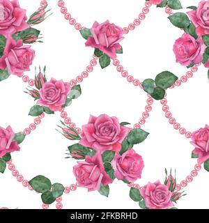 Rose con perle. Motivo floreale senza cuciture. Illustrazione acquerello. Disegno a mano Foto Stock