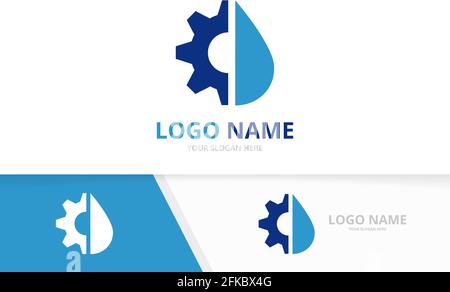 Combinazione di logo Vector Water e Gear. Modello esclusivo per il design del logotipo dell'olio industriale. Illustrazione Vettoriale