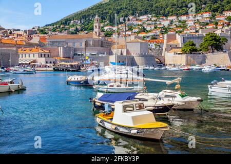 Dubrovnik, Croazia - Jine 12, 2017: Barche nel Porto Vecchio di Dubrovnik Foto Stock